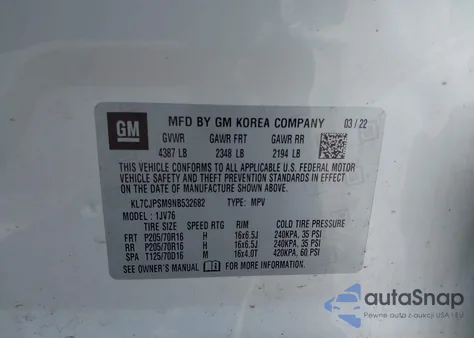 2022 Chevrolet Trax Awd Lt из США, поврежденный, VIN KL7CJPSM9NB532682